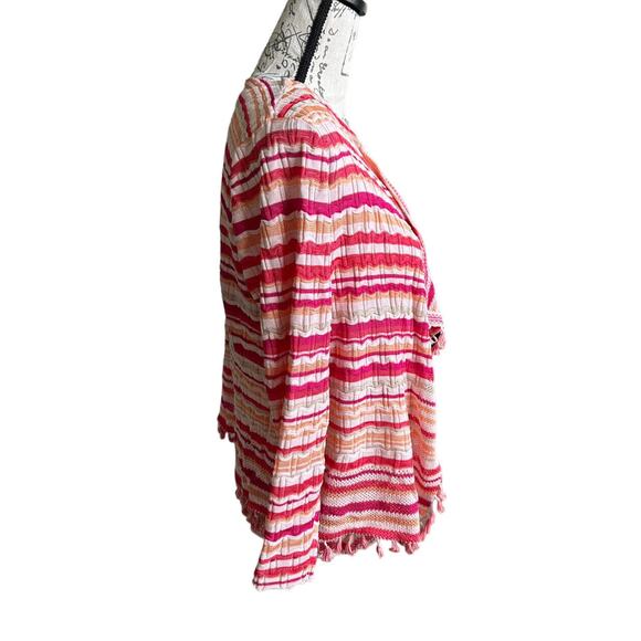 Chico's Pink Orange White Wave Striped Open Cardigan Tassels 1P Medium Petite - Picture 3 of 7